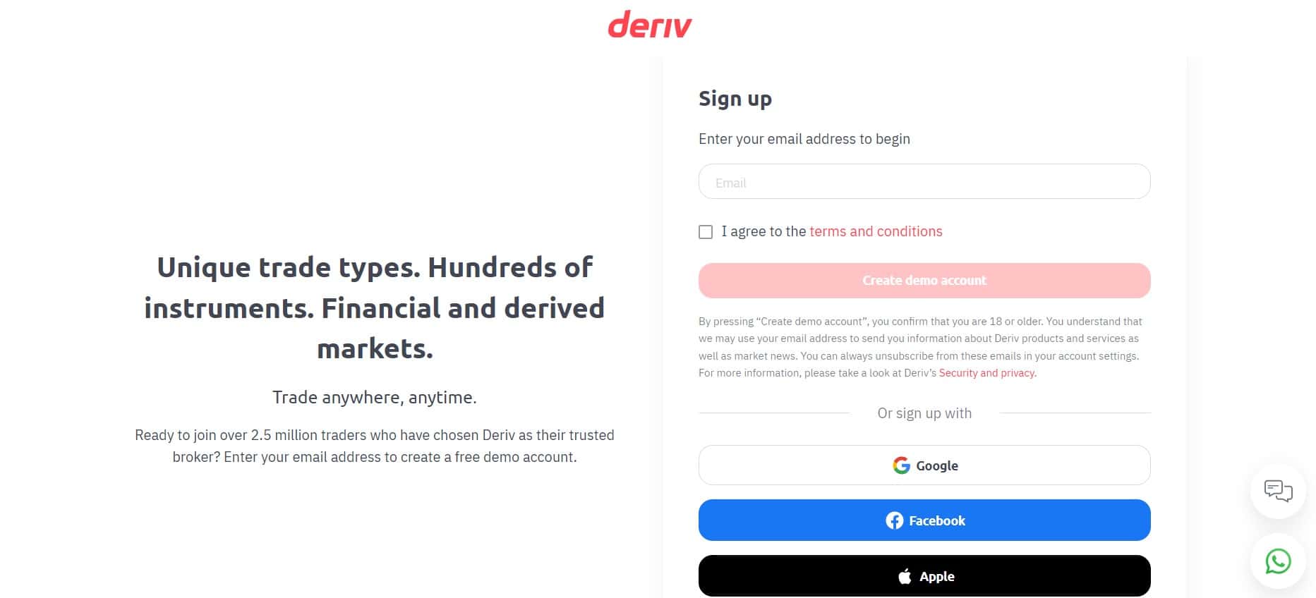 Formulário de registro no Deriv.com