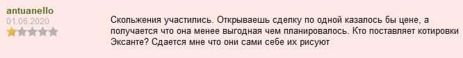 Пример негативного отзыва о котировках Exante