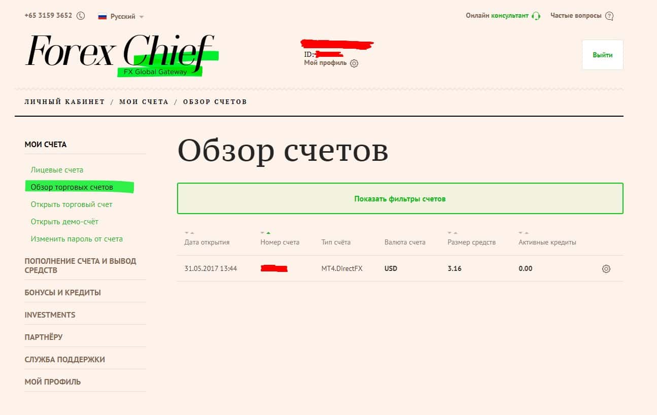 Личный кабинет Forex Chief