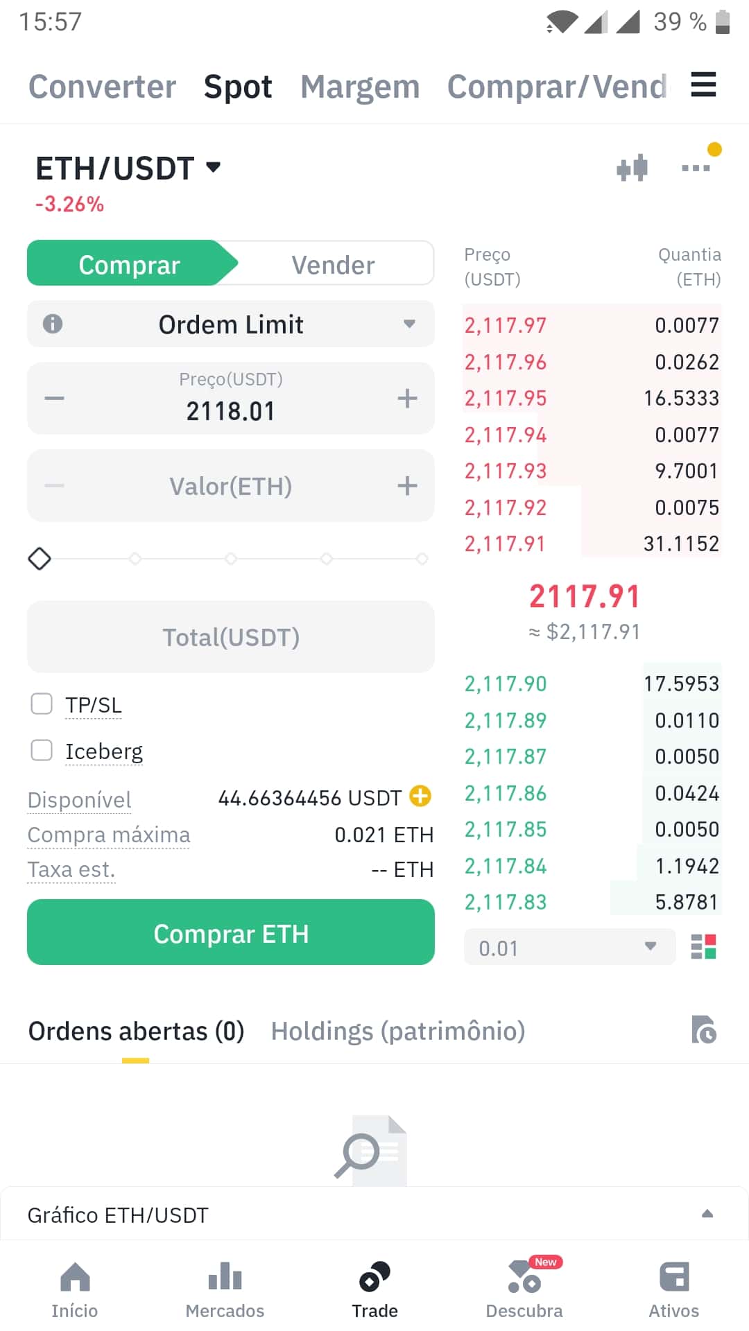 Trading no aplicativo móvel da Binance