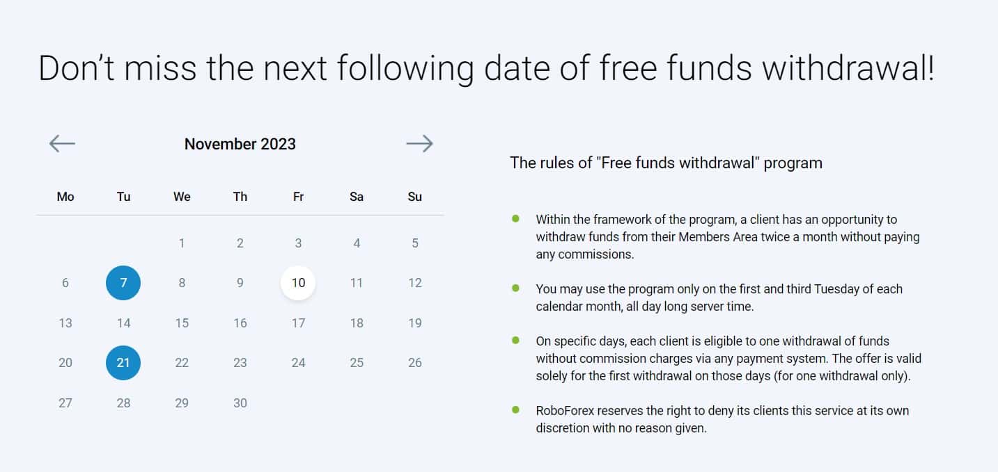 RoboForex Calendar for commission-free withdrawals