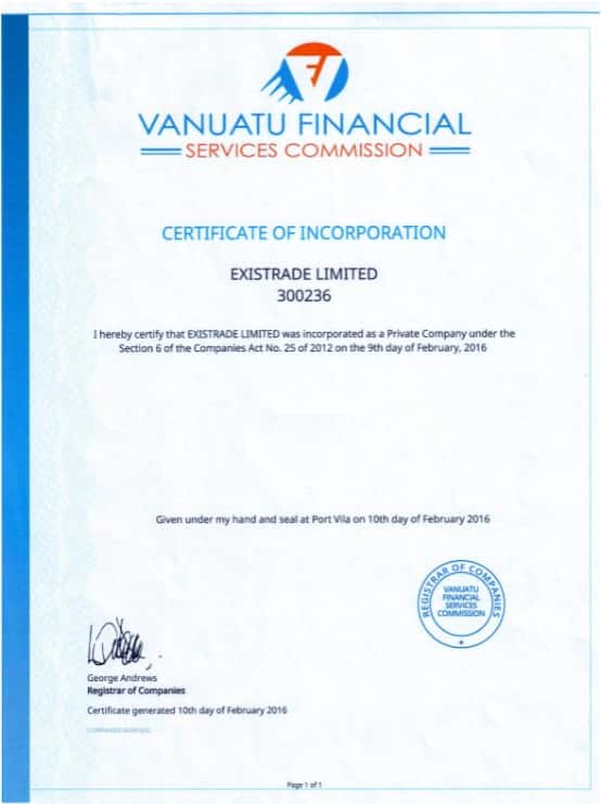 Ліцензія VFSC для компанії Existrade Ltd.