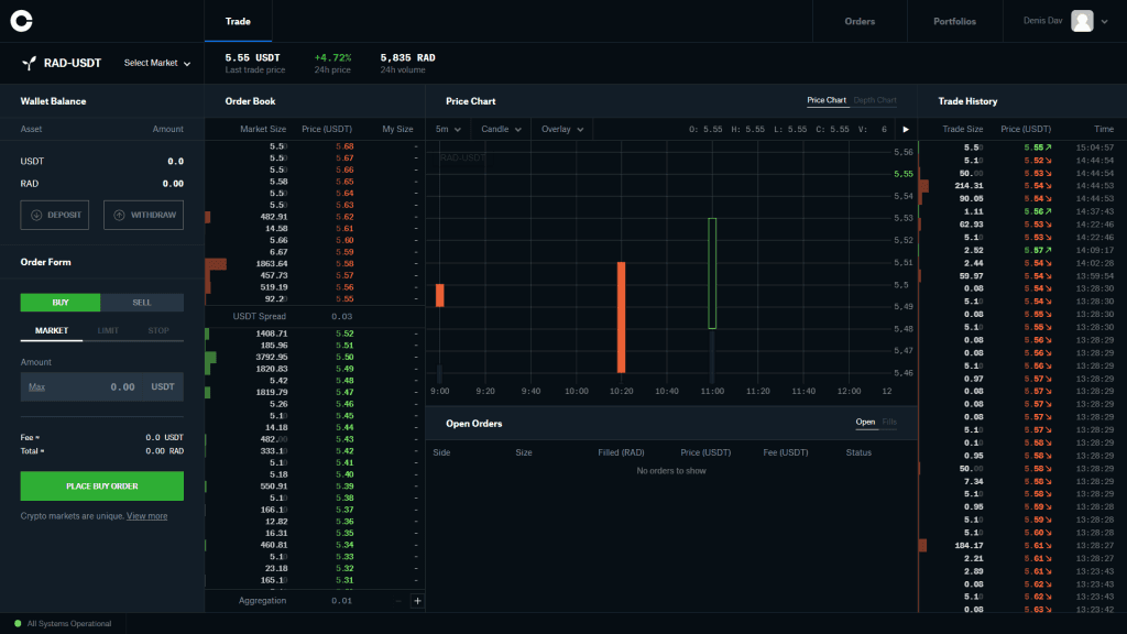 Внешний вид терминала Coinbase Pro