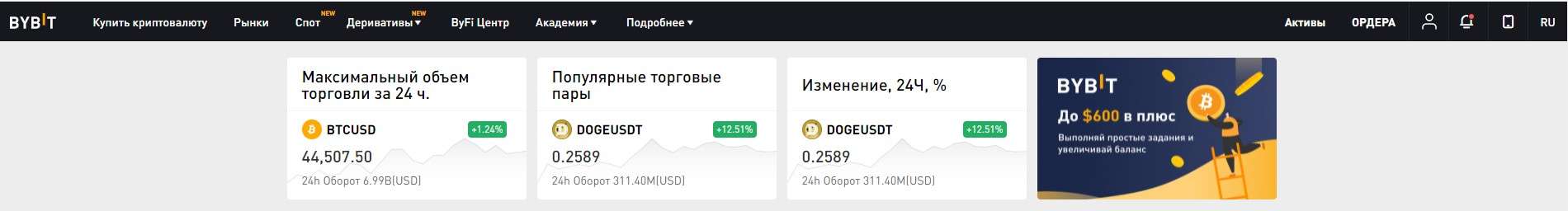 Верхнее меню Байбит