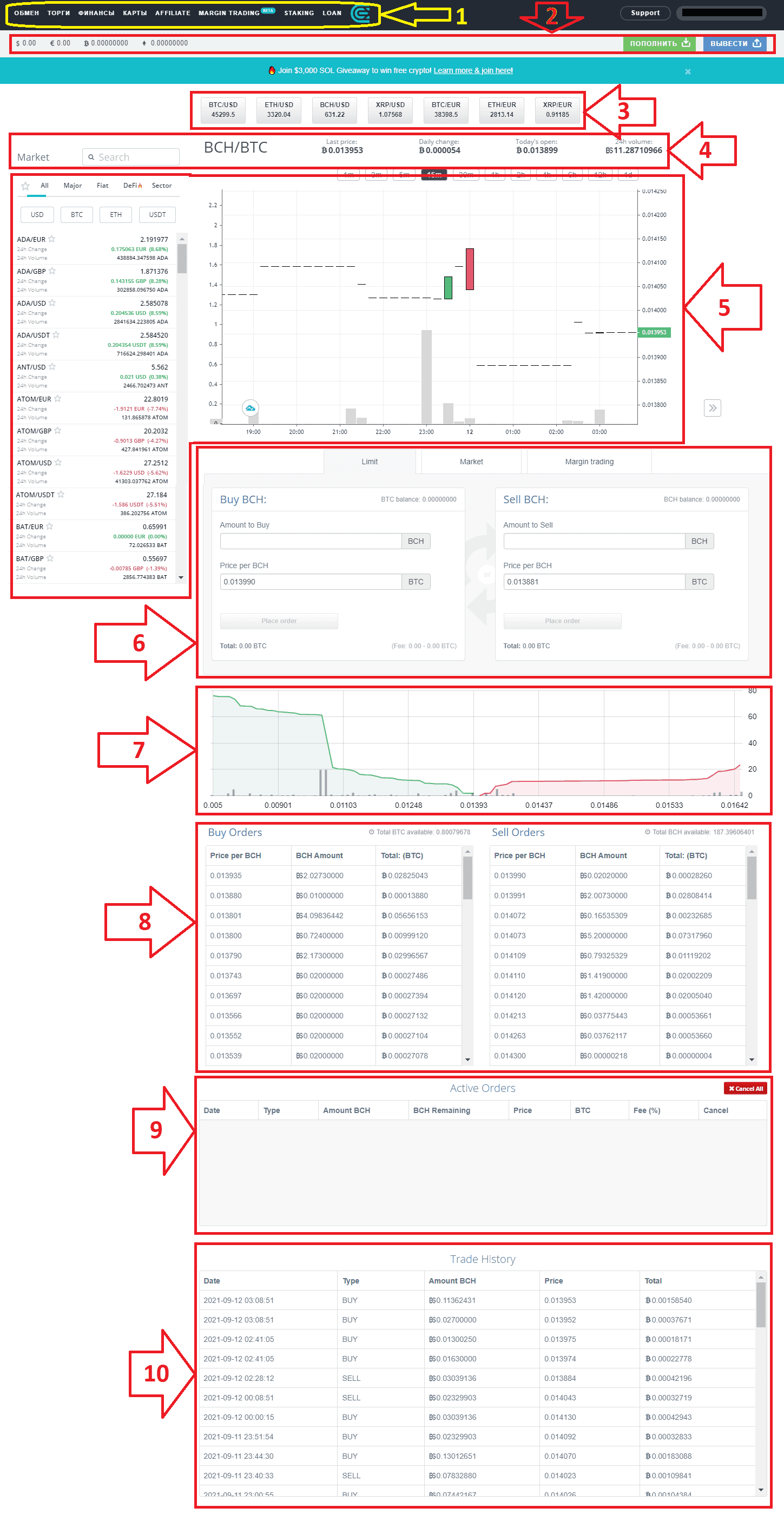 Страница торговой платформы для спотовой торговли CEX.IO