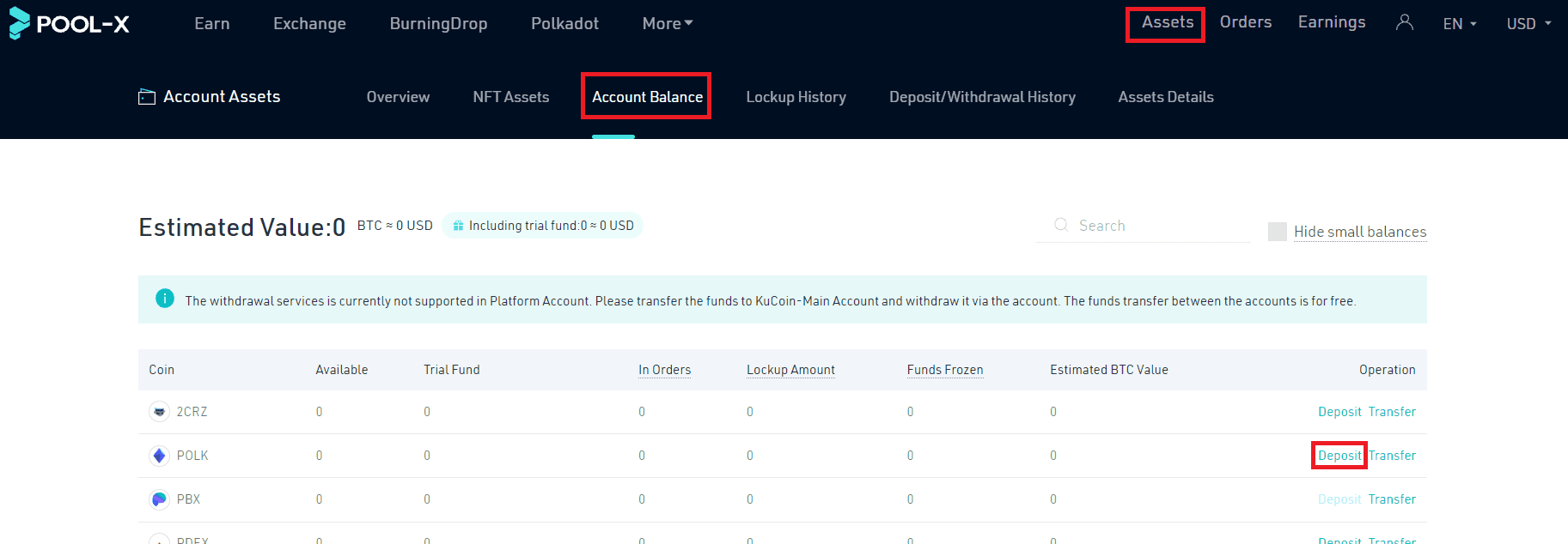 Страница депозитов Pool-X Earn