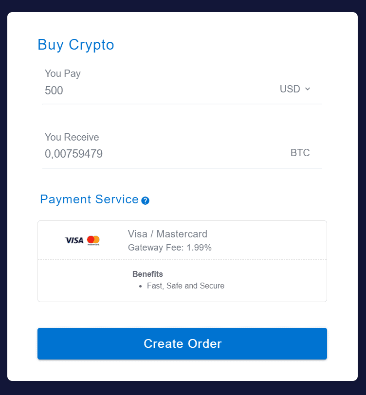 Форма приема перевода через сервис Banxa, чтобы завести деньги на биржу
