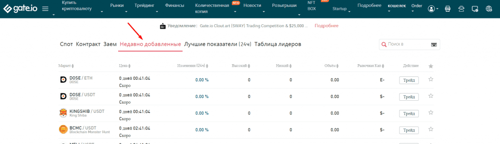 Список новых монет на криптобирже