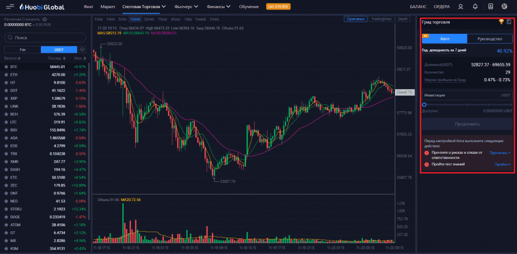 Панель настройки сеточника-бота Huobi
