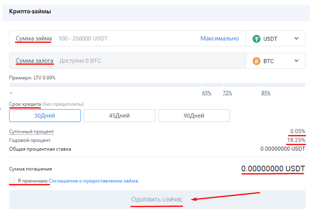 Окно заполнения данных для кредитования