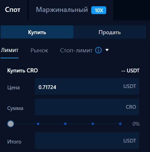 Панель задания лимитных ордеров