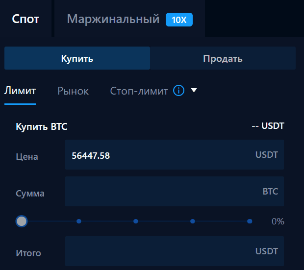 Панель, через которую определяется размещаемый трейдером ордер