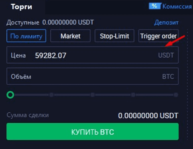 Панель лимитного ордера на споте