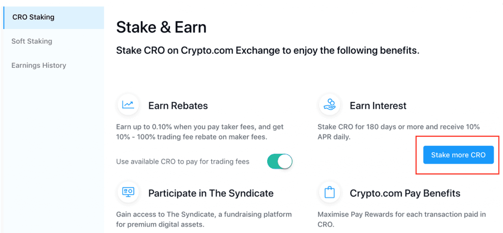 Страница услуги Stake&Earn и кнопка для стейкинга