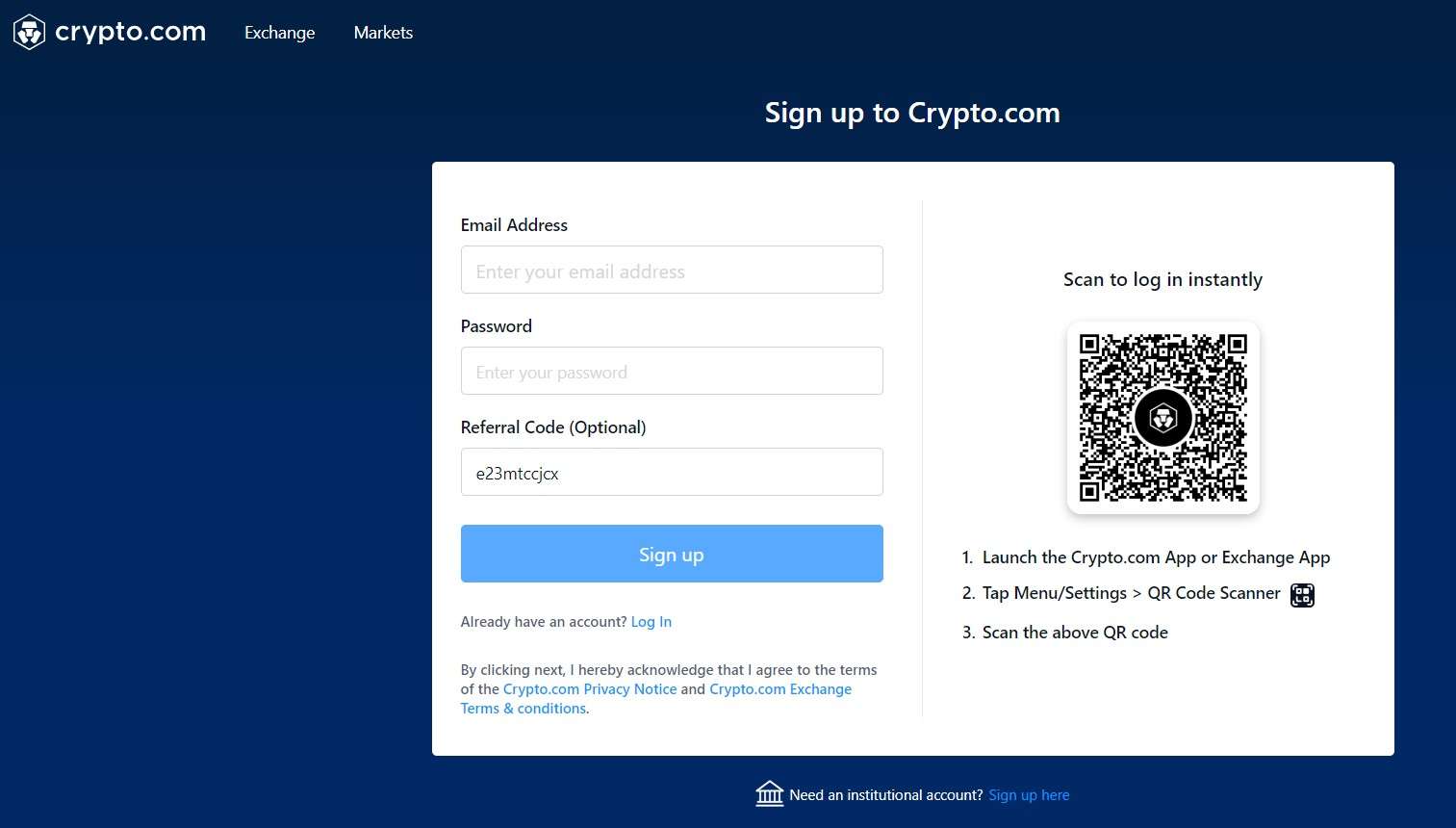 Форма для регистрации на Crypto.com