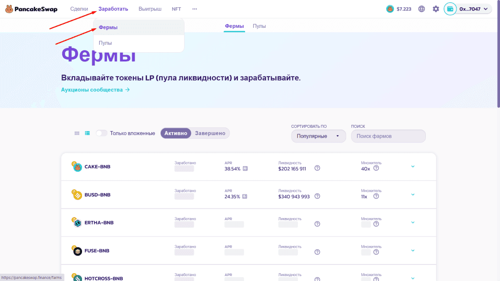 Расположение ссылки на ресурс фарминга PancakeSwap