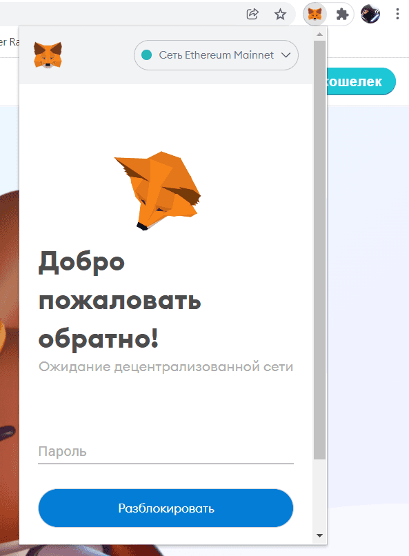 Чтобы попасть в кошелек MetaMask, требуется указать пароль
