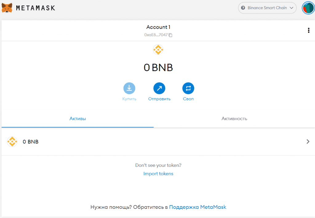 Страница созданного блокчейна BNC в кошельке МетаМаск