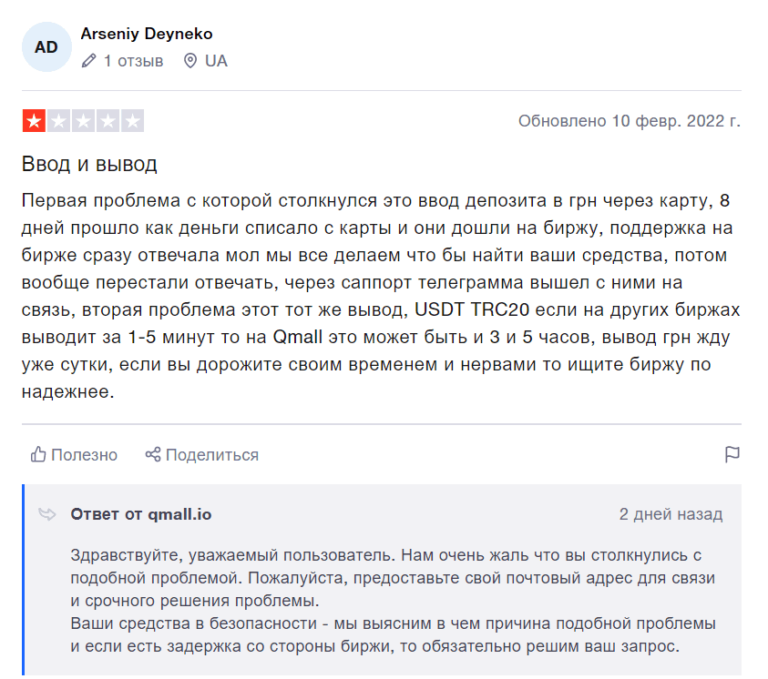 Негативный отзыв с ответом от службы поддержки биржи