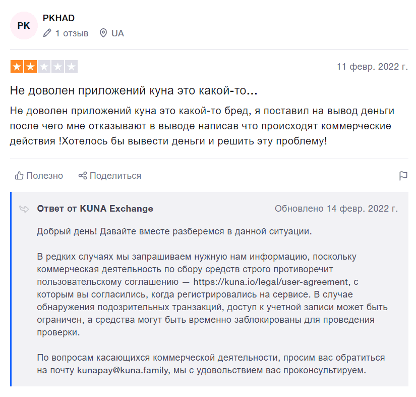 Негативный отзыв клиента криптобиржи