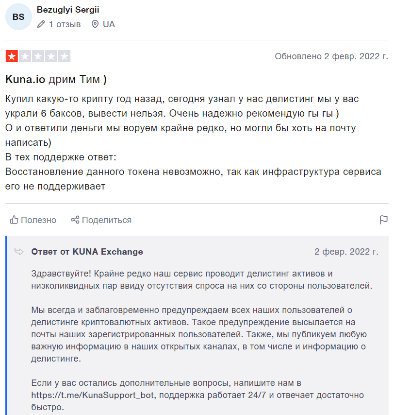 Отрицательный отзыв пользователя Kuna