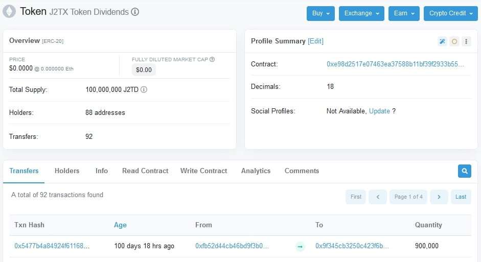 Токен J2TX в эксплорере Etherscan