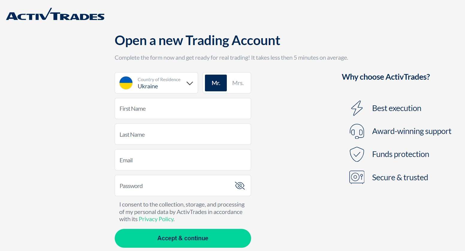 Formulário de registro da ActivTrades