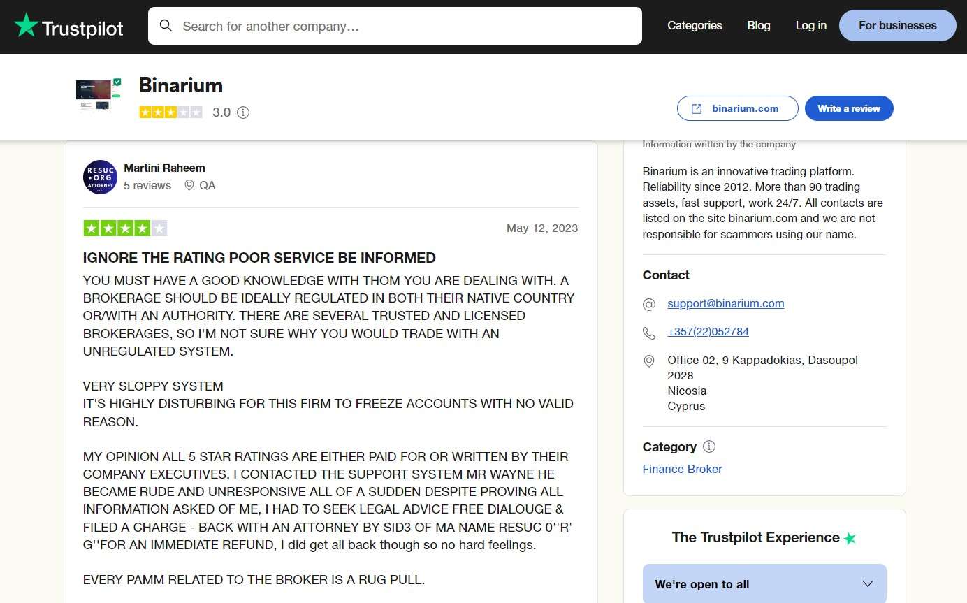 One of the reviews of Binarium on TrustPilot
