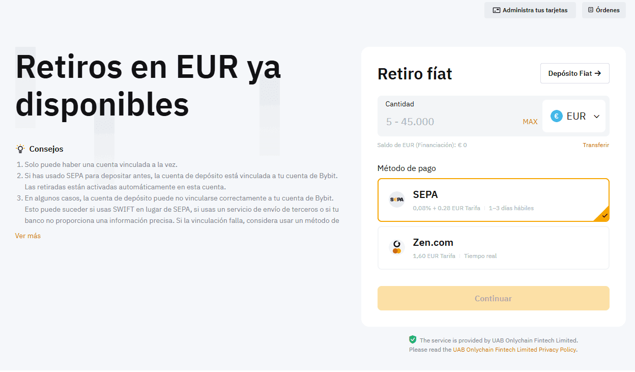 Retirada de dinero fiduciario de Bybit