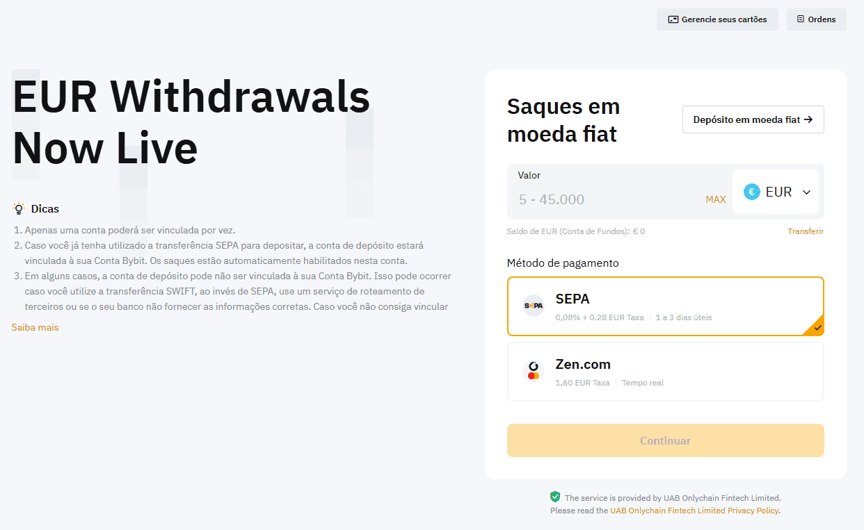 Retirada de moeda fiduciária da Bybit