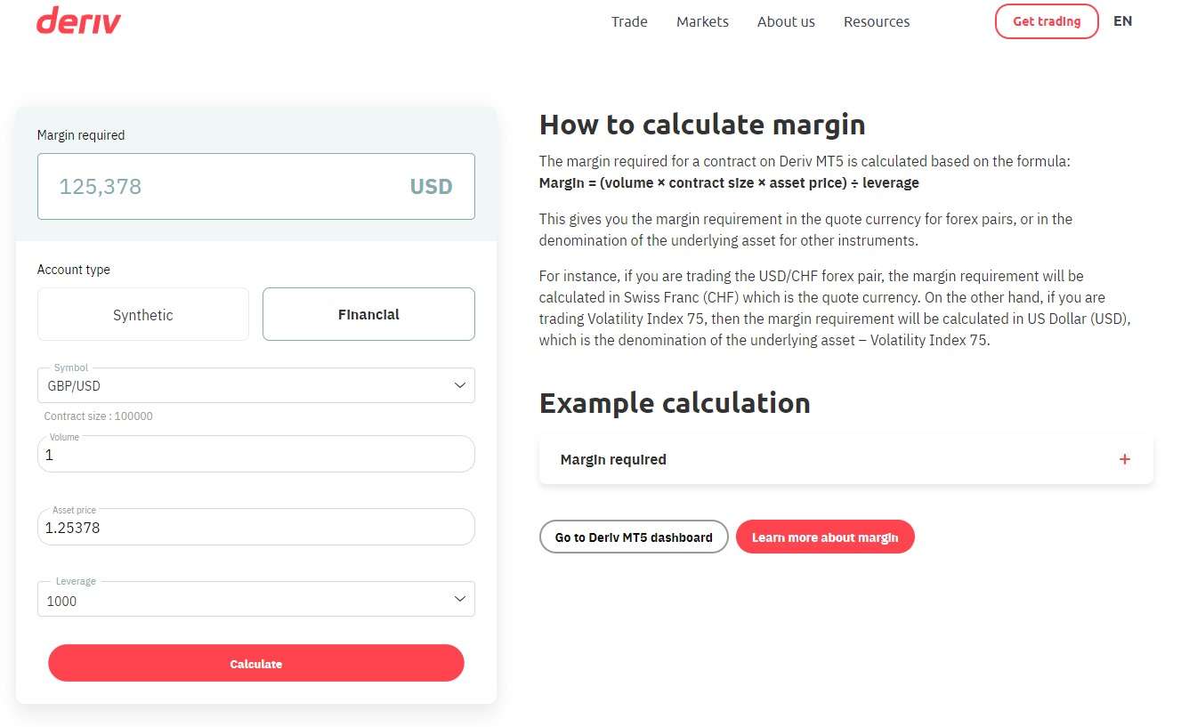 Calculadora de margen Deriv
