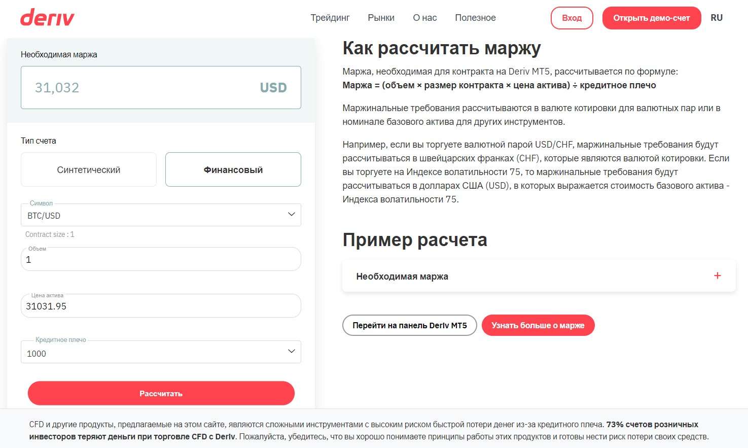 Калькулятор маржі на Дерив