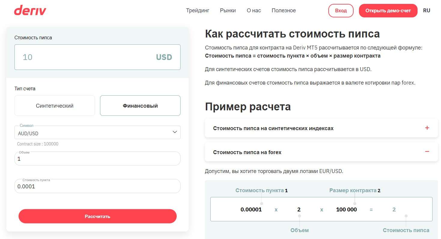 Калькулятор піпсів на сайті Deriv