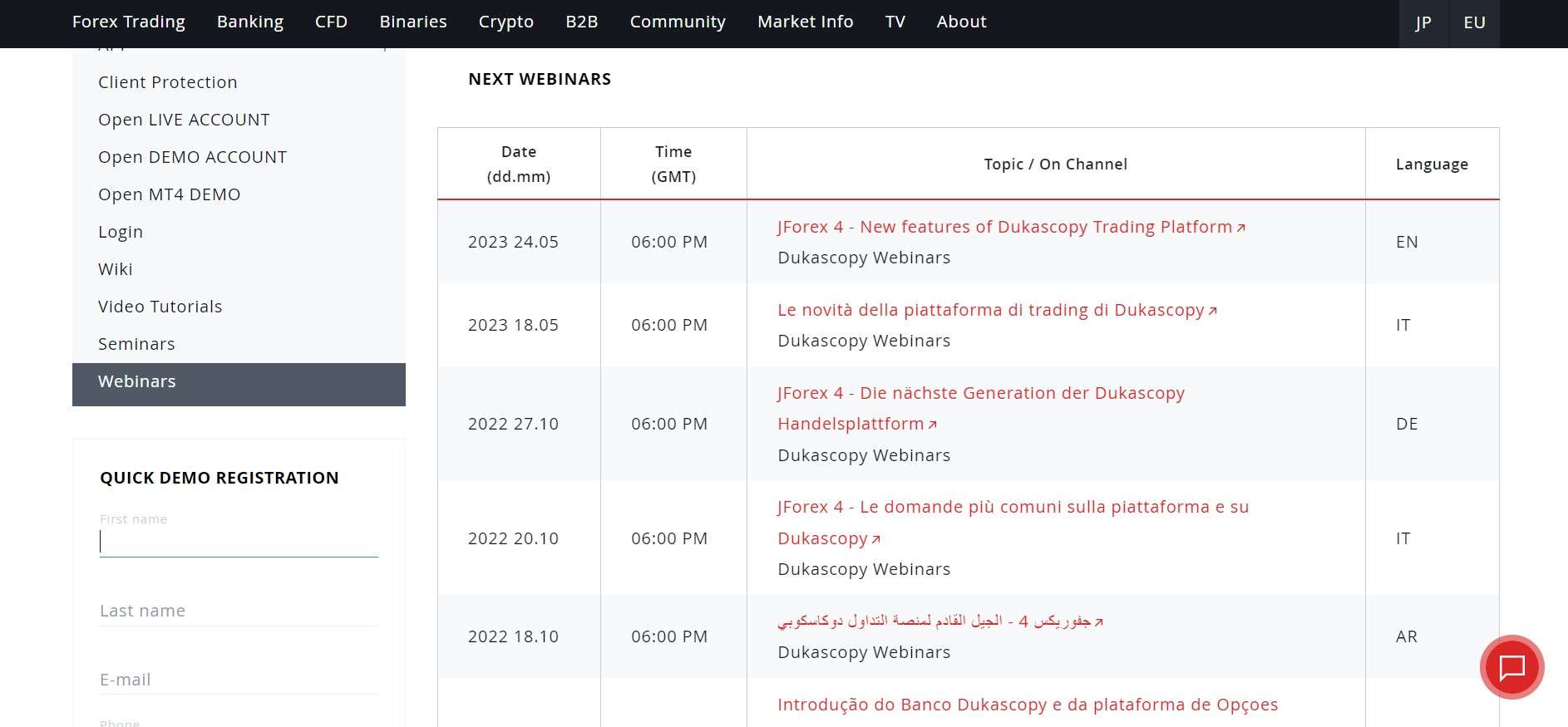 Agenda de webinars no Dukaskopy Bank SA