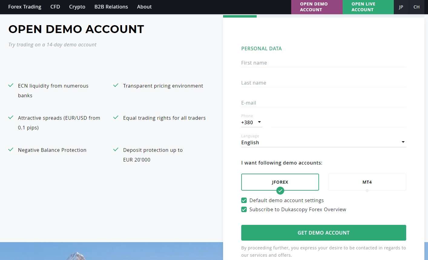 Demo account with Dukascopy Europe