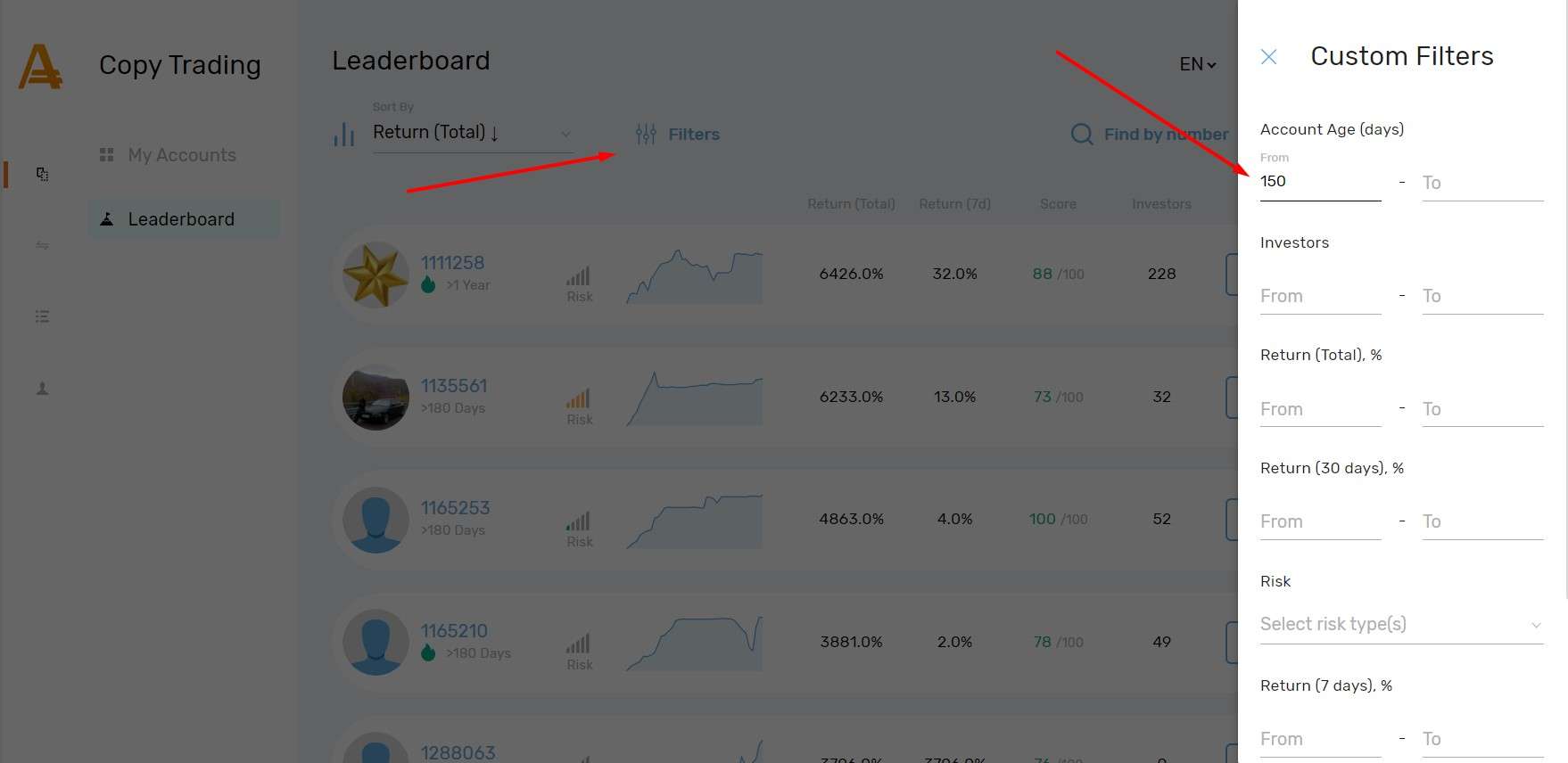 Filtrar a idade das estratégias para copy-trading na AMarkets