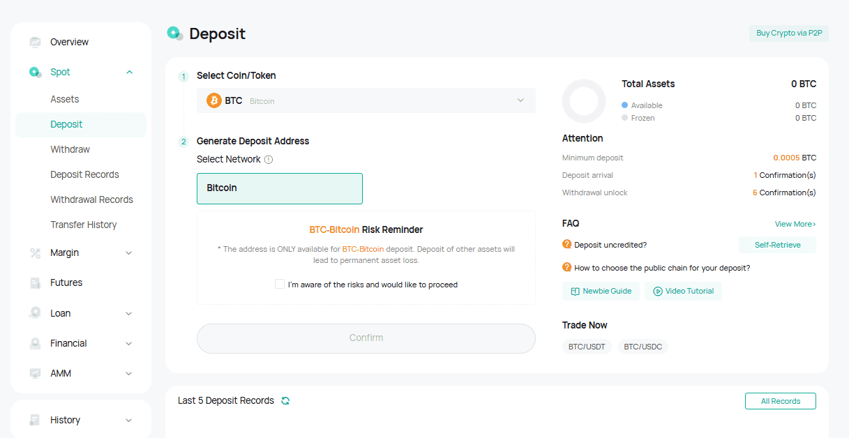 Cryptocurrency deposit on CoinEx