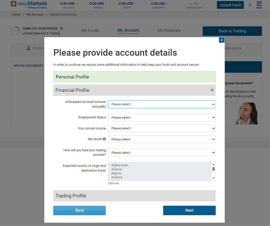 Filling out a profile with the broker easyMarkets