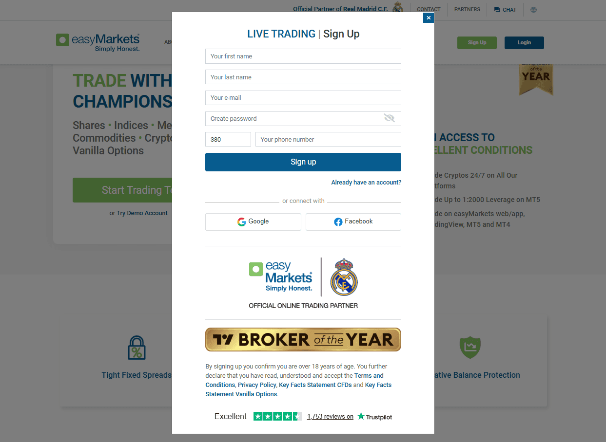 Registration form on easyMarkets