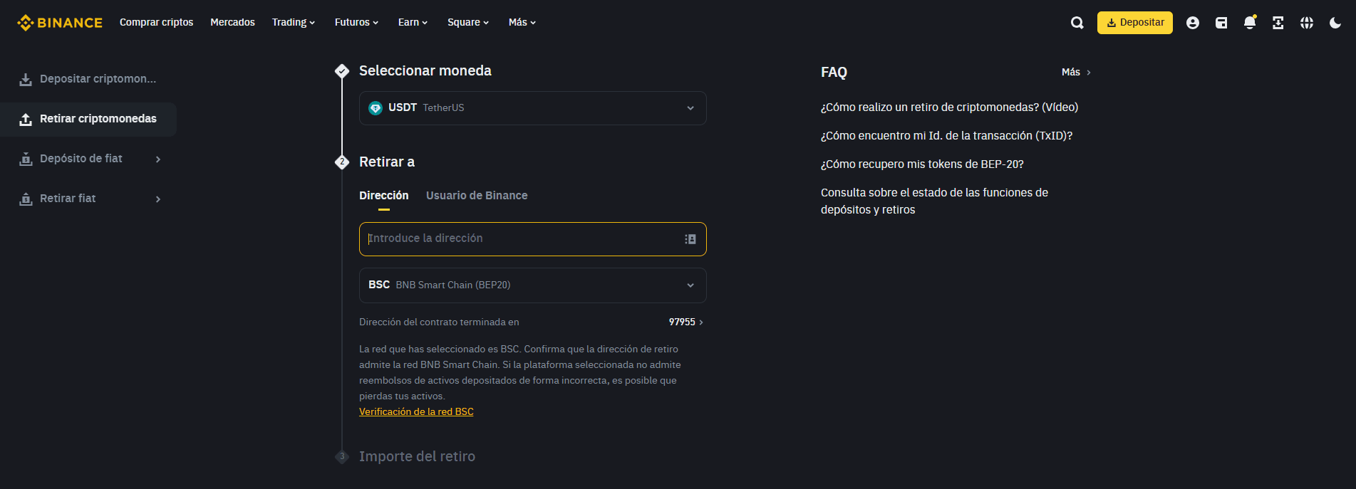 Retirada de criptomoneda de Binance