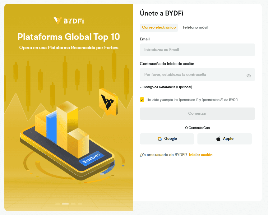 Formulario de inscripción en BYDFi
