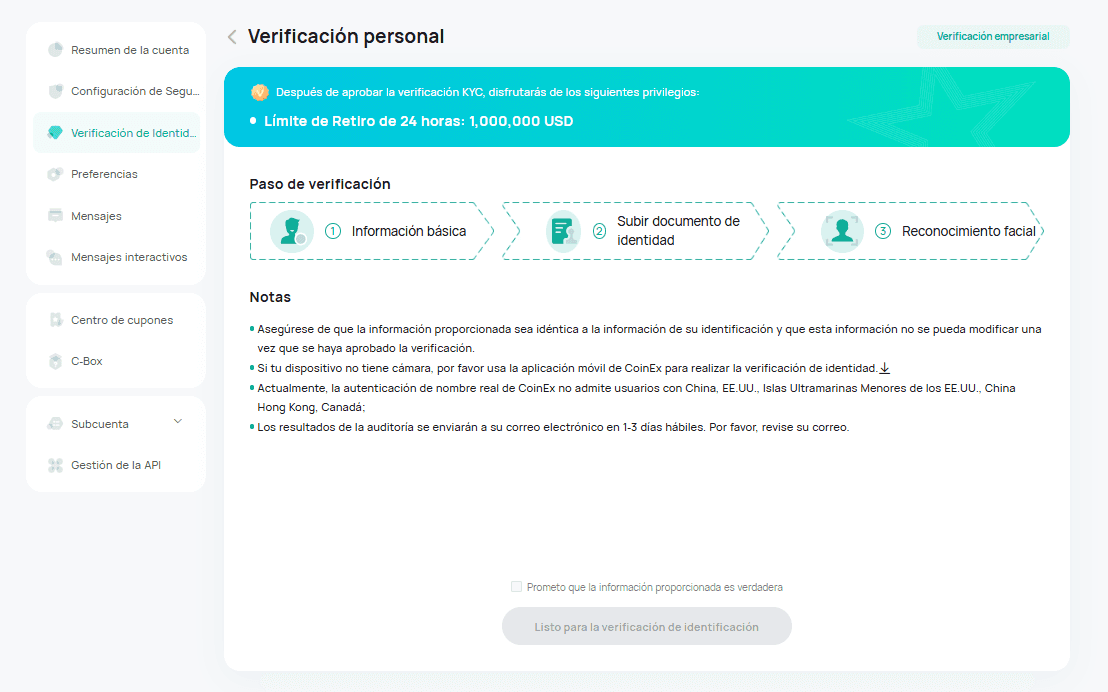 Верификация на CoinEx