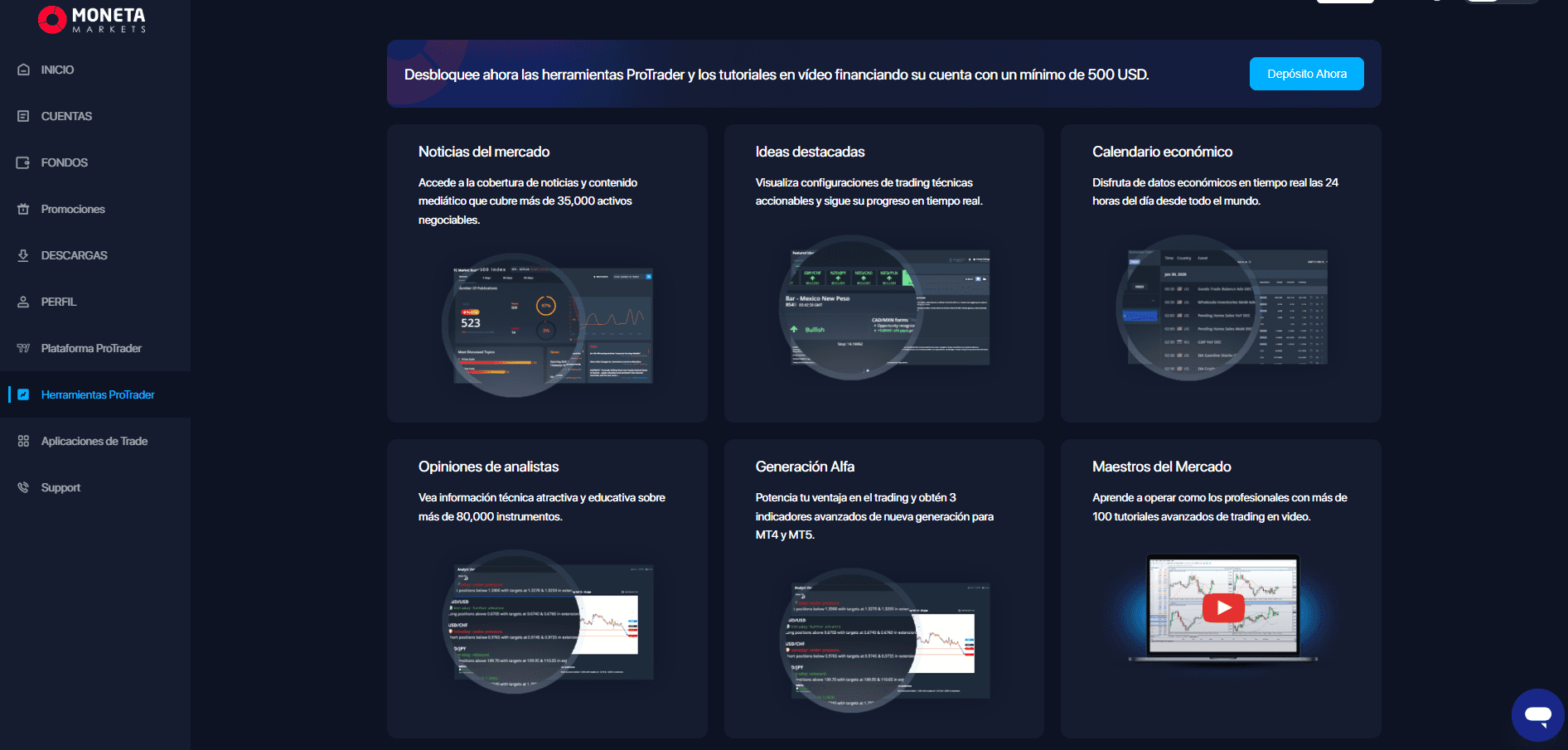 Herramientas ProTrader en el gabinete personal de Moneta Markets