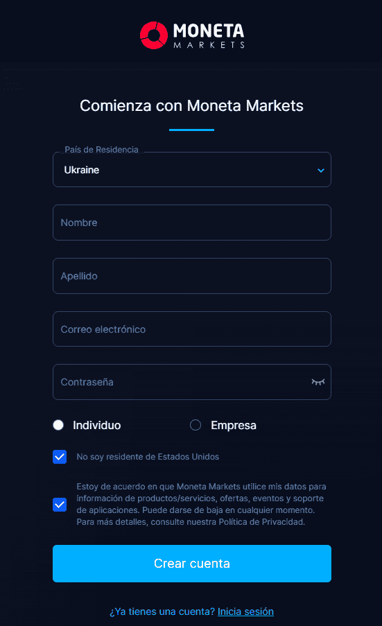 Formulario de inscripción en Moneta Markets