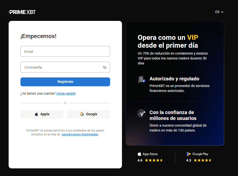 Formulario de registro en PrimeXBT