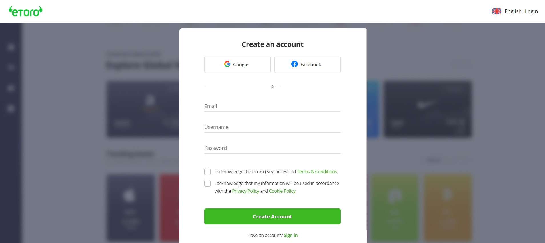 eToro registration form