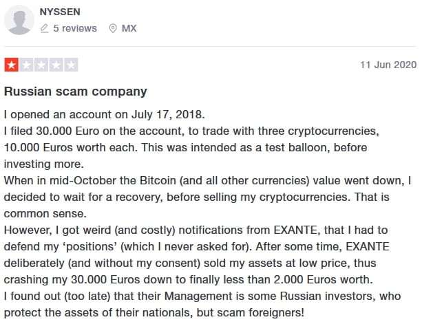 Комментарий пользователя NYSSEN об Exante