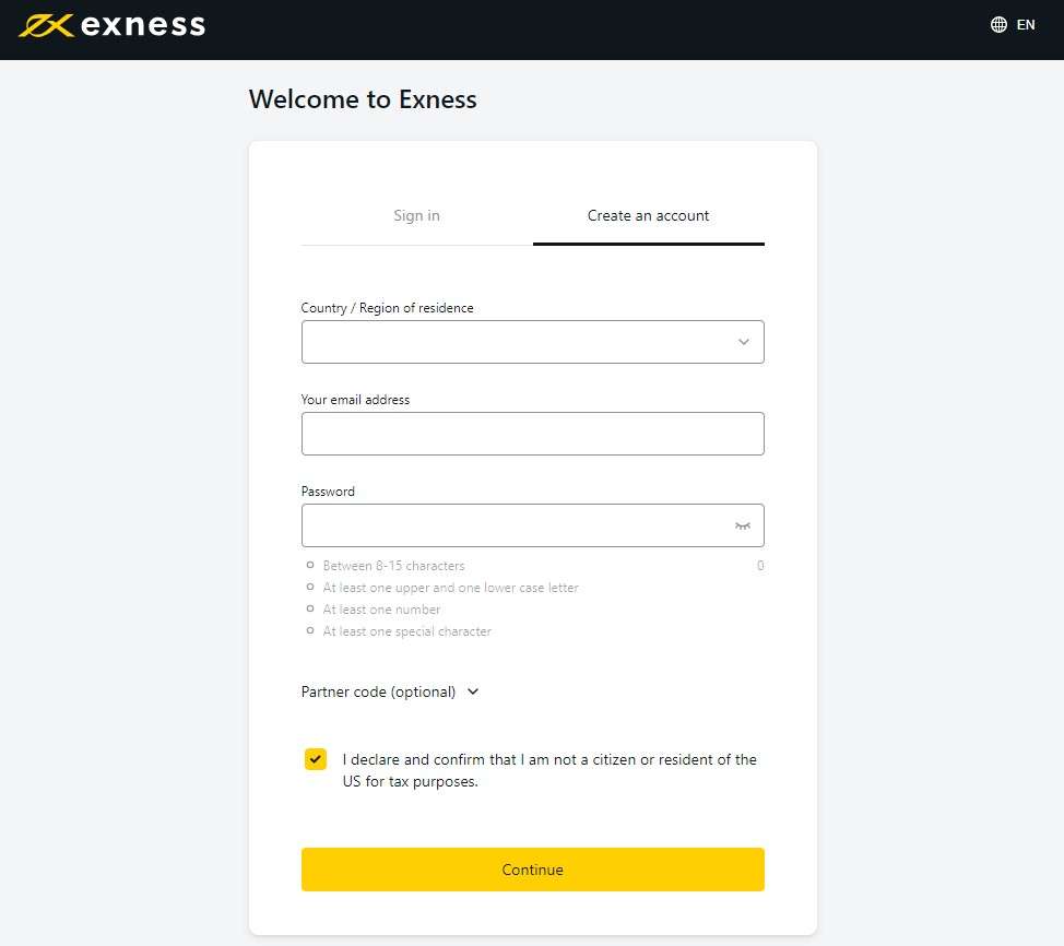 Formulário de registro no site exness.com