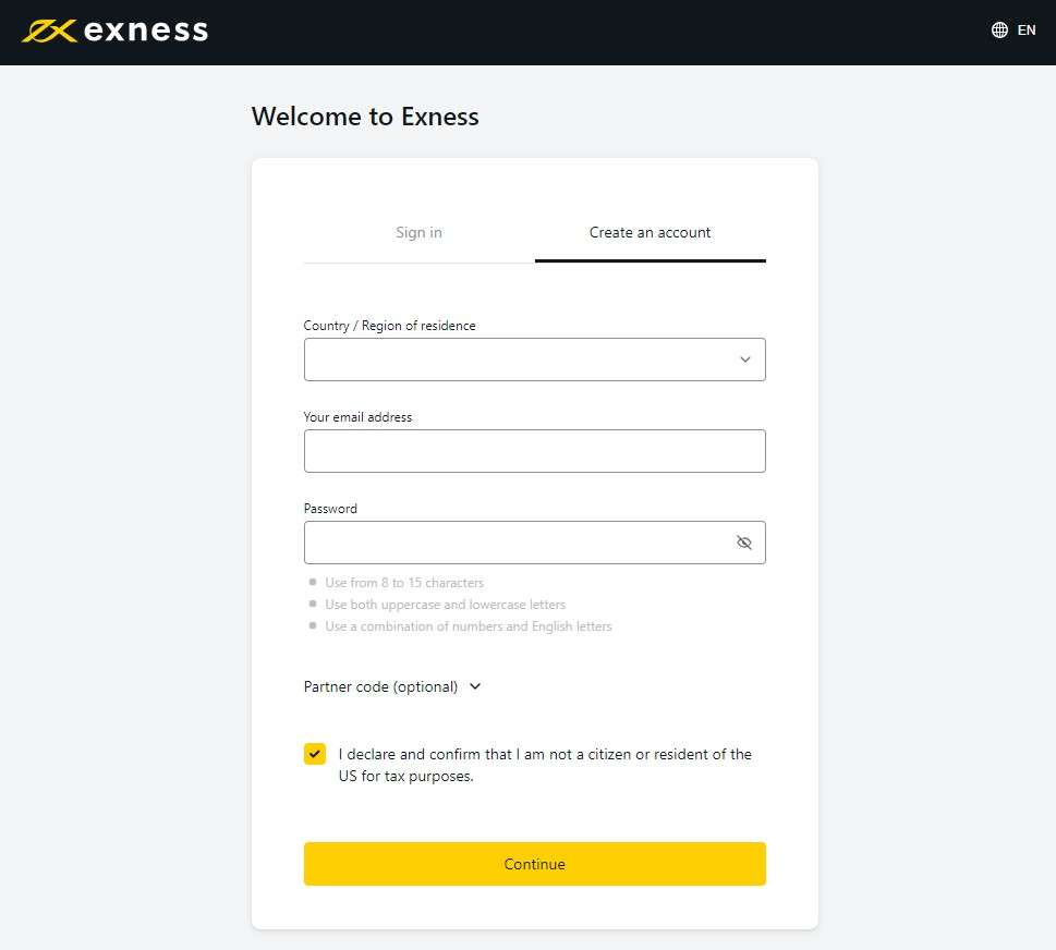 Регистрационная форма на сайте Exness