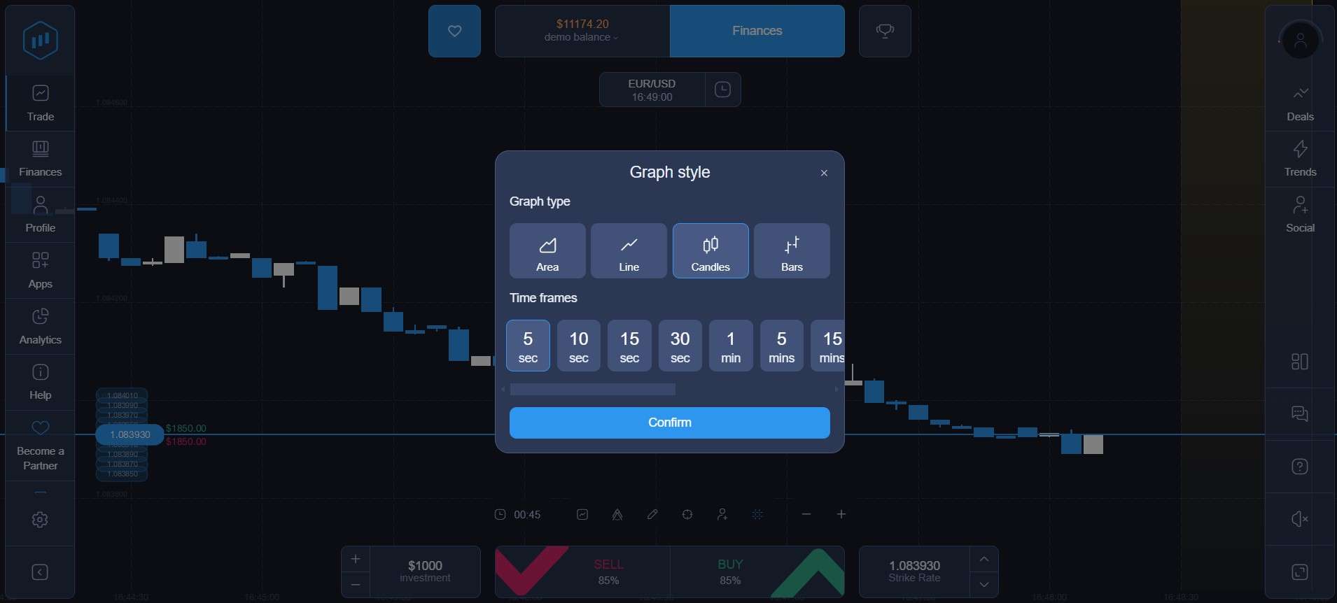Tipo de gráfico e período de tempo na plataforma ExpertOption
